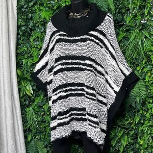 Calvin Klein Poncho Small/ Medium Sweater‎ Black White Striped Cowl Neck 3243